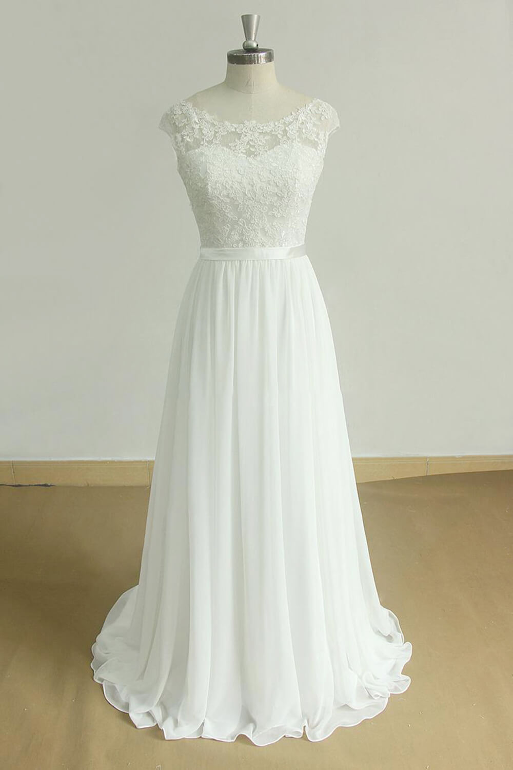 Chic Cap Sleeve Lace Chiffon A-line Long Wedding Dress