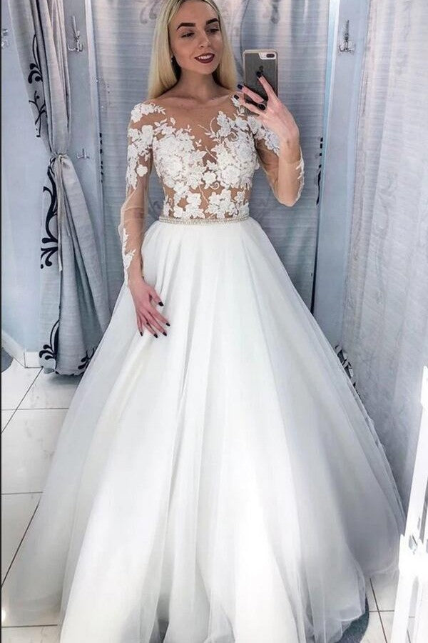 Elegant A-Line Bateau Long Sleeve Appliques Lace Floor Length Tulle Wedding Dress
