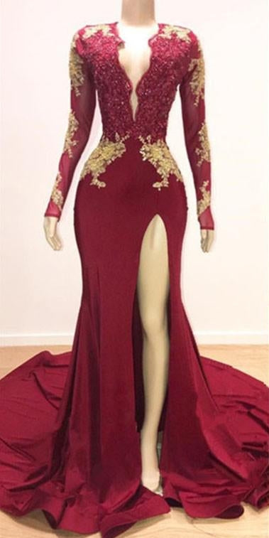 V-neck Long Sleeves Lace Appliques Split Mermaid Prom Dresses
