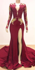 V-neck Long Sleeves Lace Appliques Split Mermaid Prom Dresses