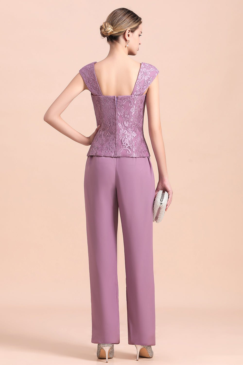 Elegant Lace Cap Sleeves Chiffon Mother of Bride Jumpsuit With Wrap