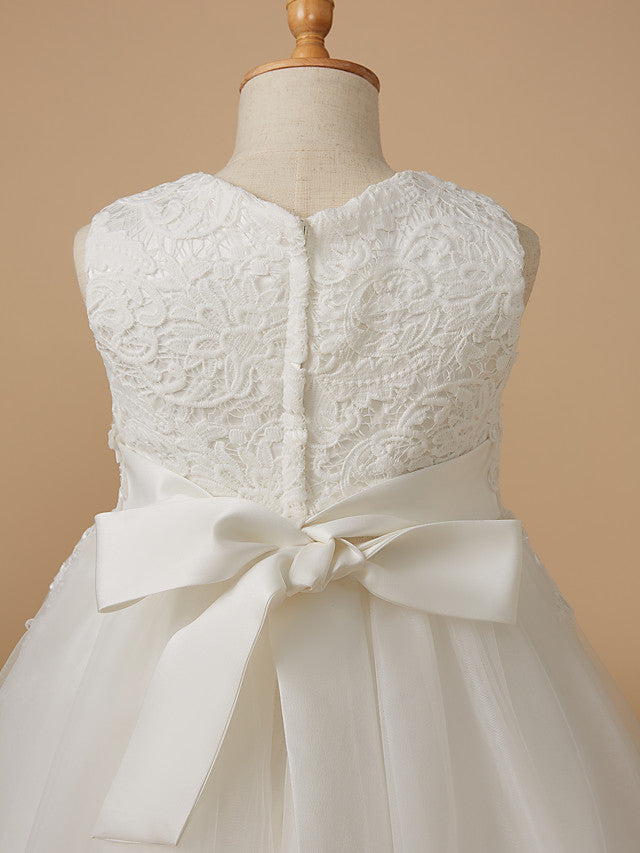 White Ball Gown Sleeveless Jewel Neck Knee Length Tulle Lace Flower Girl Dresses