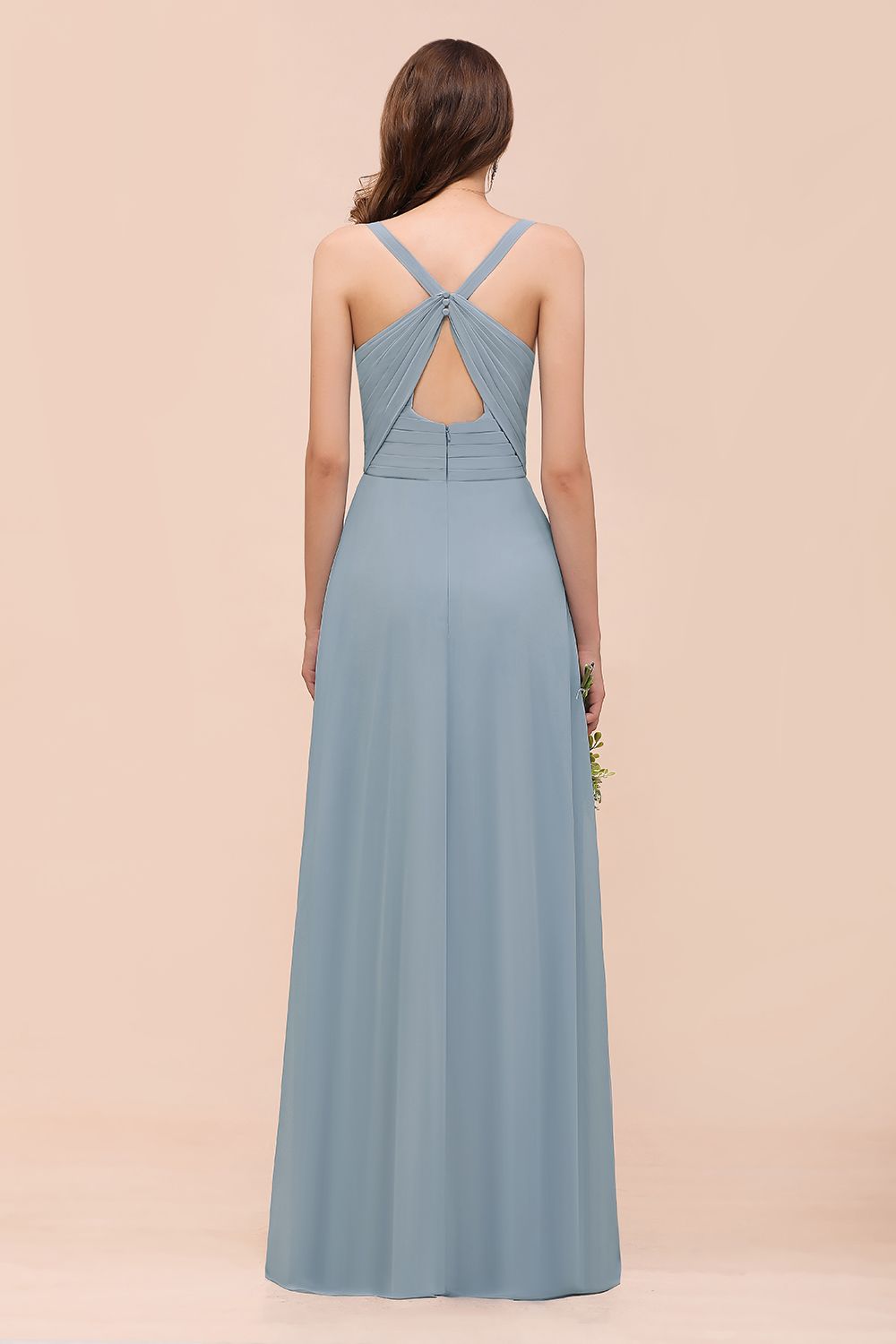Chic V-Neck Sleeveless Floor Length A-Line Ruched Chiffon Bridesmaid Dress