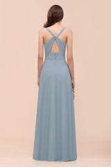 Chic V-Neck Sleeveless Floor Length A-Line Ruched Chiffon Bridesmaid Dress