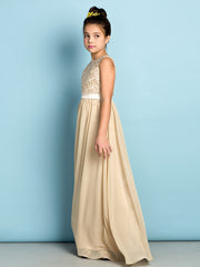 Long A-Line Scoop Neck Floor Length Chiffon Lace Junior Bridesmaid Dress