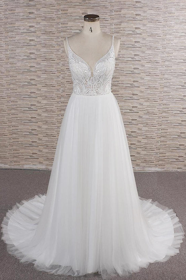 Chic Long A-line Spaghetti Strap Appliques Tulle Wedding Dress