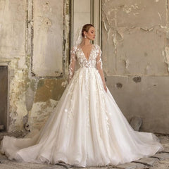 Elegant Deep V-neck Long Sleeve Appliques Lace Ruffles Tulle A-Line Floor Length Wedding Dress