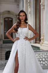 White A-line Square Neck Tulle Sleeveless Long Appliques Wedding Dress with High Split