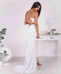 Simple Mermaid Strapless Spaghetti Straps Prom Dress with Slit
