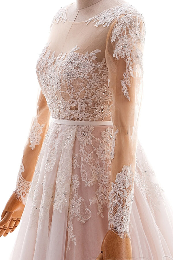 Long Appliques Lace Tulle A-line Wedding Dress with Sleeves