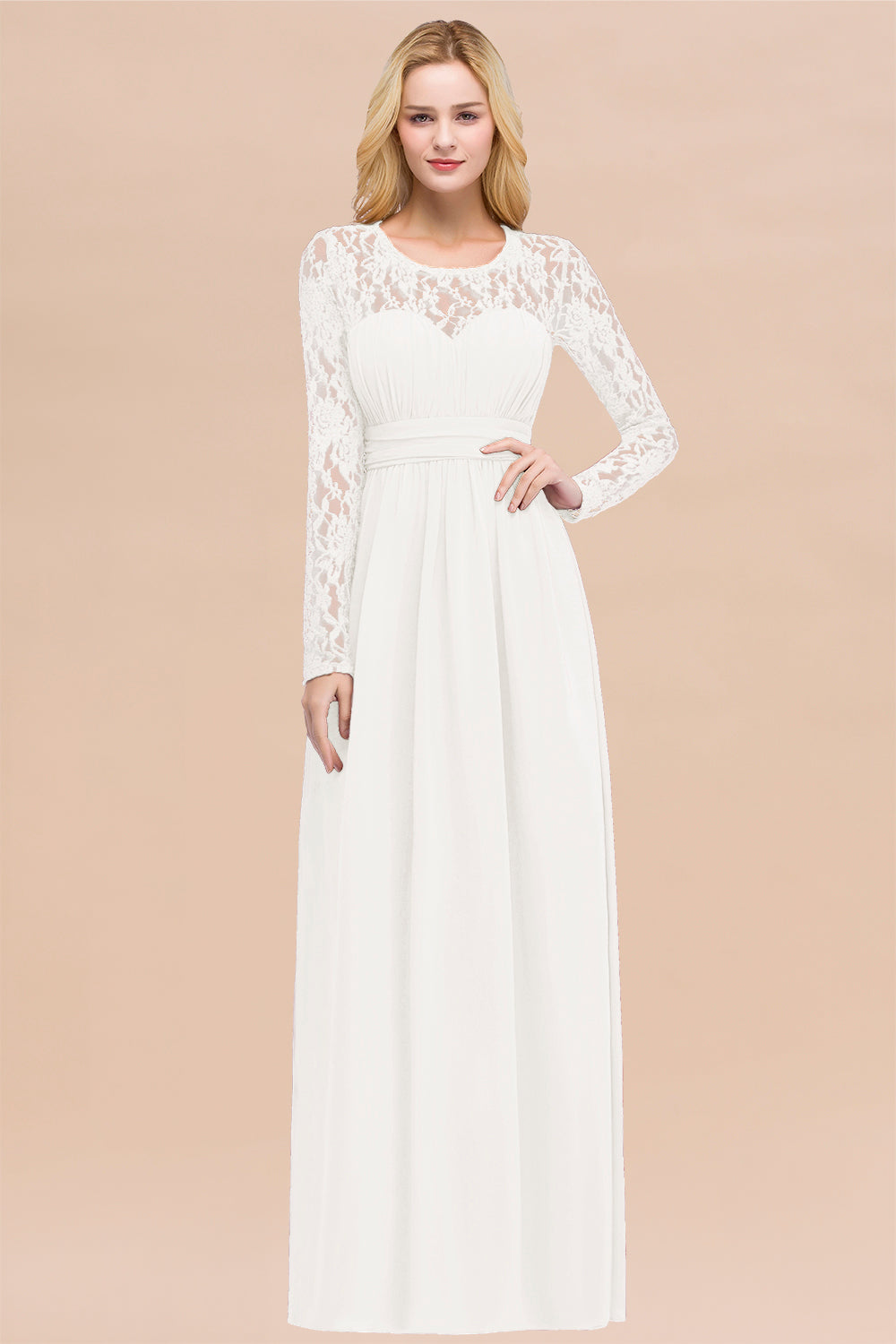 Elegant A-Line Chiffon Jewel Long Sleeves Ruffles Floor Length Bridesmaid Dresses