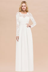 Elegant A-Line Chiffon Jewel Long Sleeves Ruffles Floor Length Bridesmaid Dresses