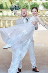 Off The Shoulder A Line Appliques Lace Tulle Long Wedding Dress