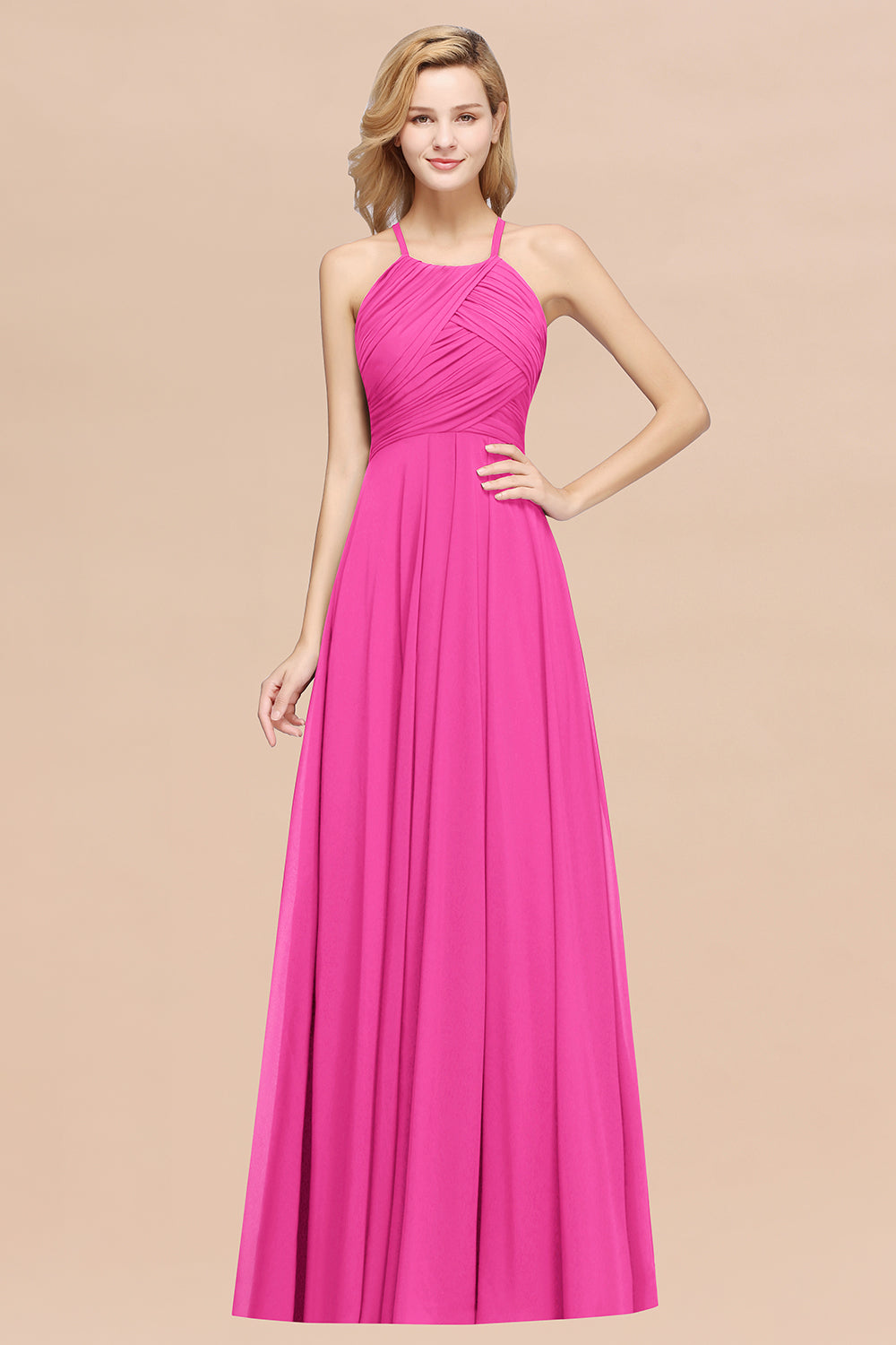A-Line Chiffon Halter Ruffles Floor Length Bridesmaid Dress