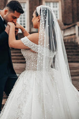 Plus Size Ivory Long Ball Gown Off the Shoulder Tulle Lace Wedding Dresses