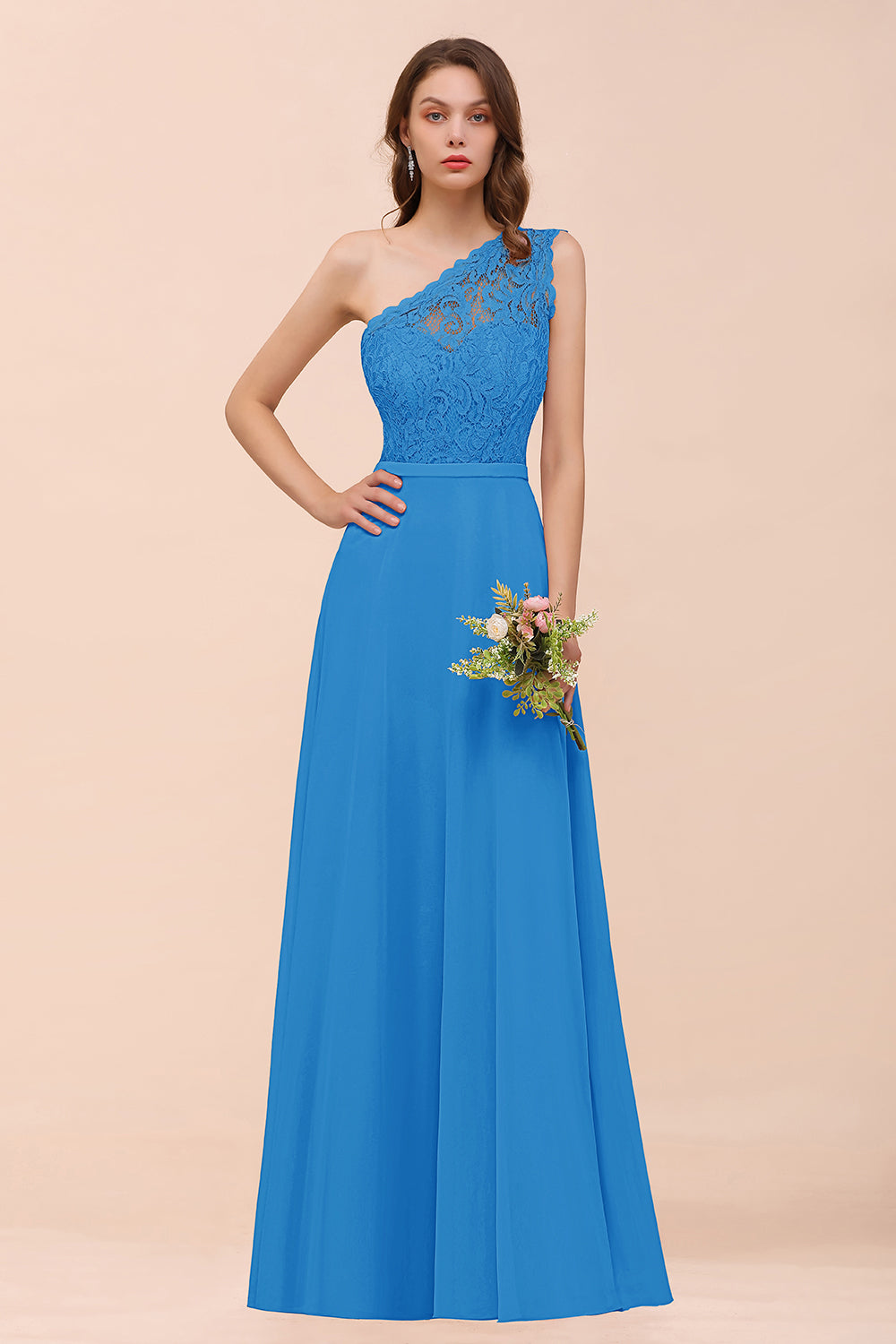 Classy One Shoulder Appliques Lace Floor Length A-Line Chiffon Bridesmaid Dress