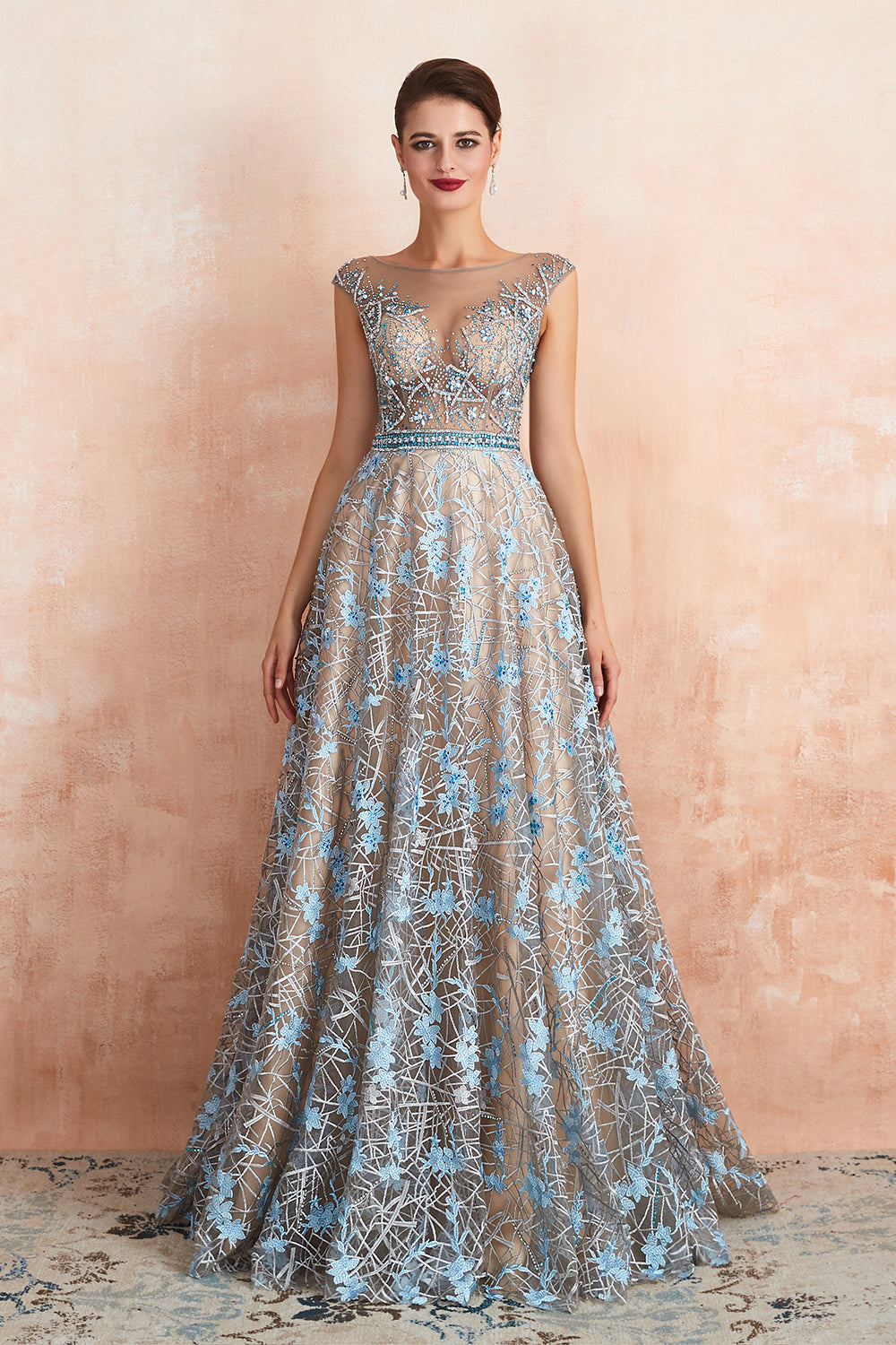 Long Jewel Lace A-line Tulle Lace Formal Evening Dress