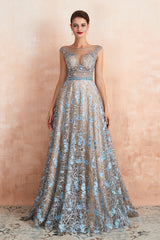 Long Jewel Lace A-line Tulle Lace Formal Evening Dress