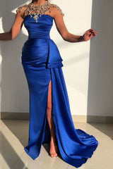 Royal Blue Long Mermaid Strapless Beaded Formal Dress with Slit