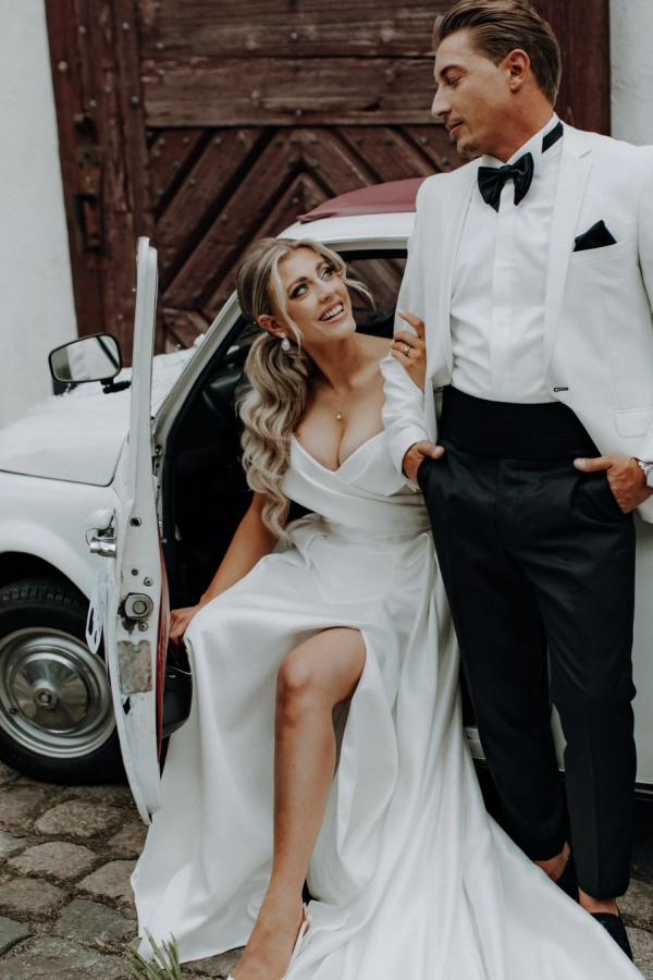 Simple Long Off The Shoulder V-Neck Satin A-Line Wedding Dress with Slit