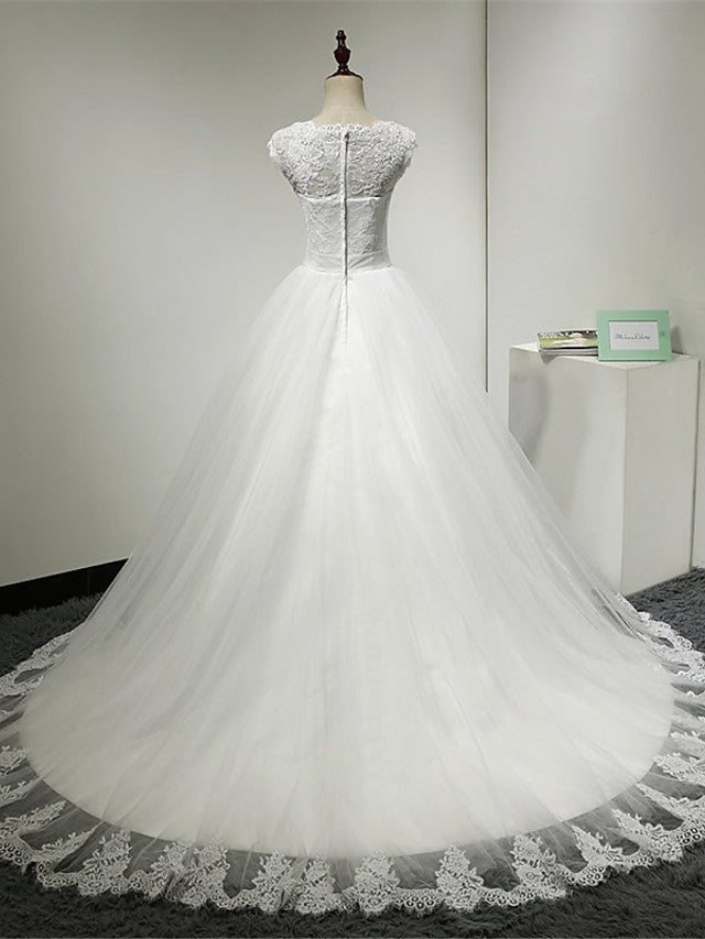 Long Ball Gown Scoop Neck Tulle Lace Cap Sleeve Wedding Dresses