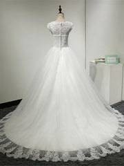 Long Ball Gown Scoop Neck Tulle Lace Cap Sleeve Wedding Dresses