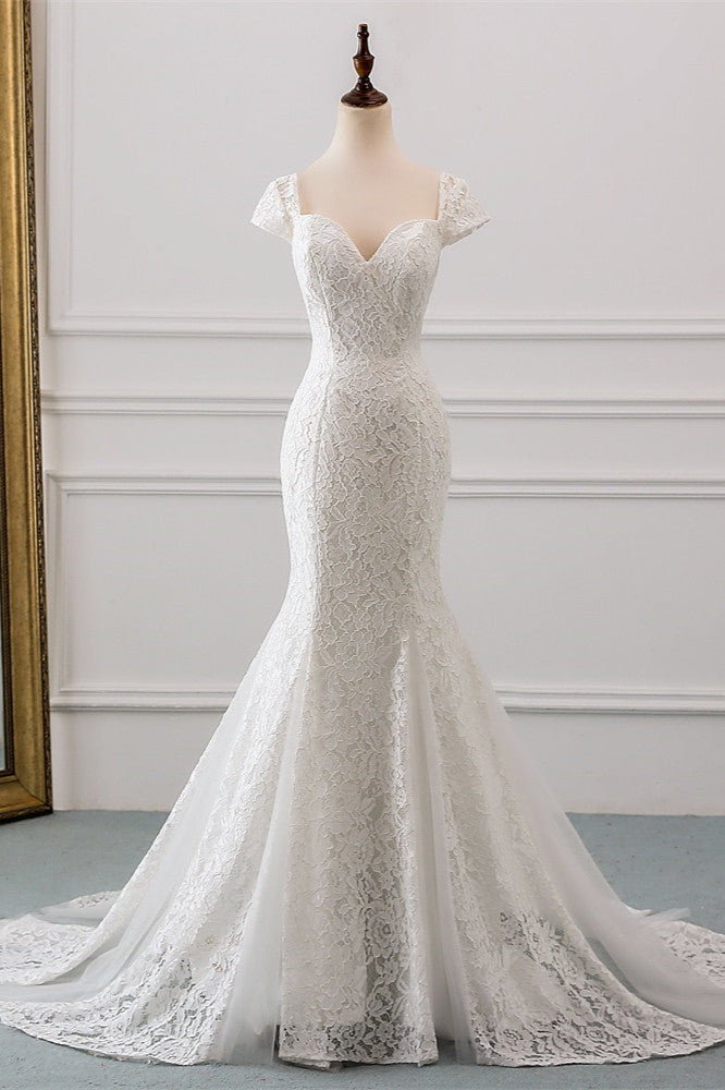 Elegant Long Mermaid Sweetheart Lace Wedding Dress with Cap Sleeves