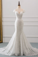 Elegant Long Mermaid Sweetheart Lace Wedding Dress with Cap Sleeves