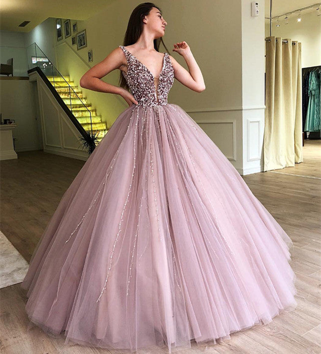 Long Ball Gown V-neck Tulle Beads Prom Dress