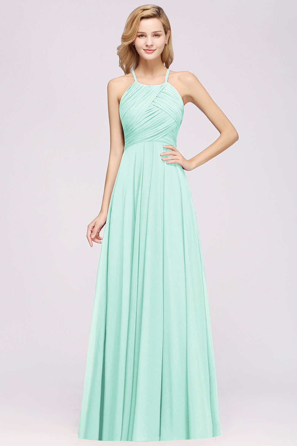 A-Line Chiffon Halter Ruffles Floor Length Bridesmaid Dress