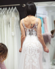 Simple Long V-neck Backless Appliques Lace Tulle Floor Length A-Line Wedding Dress