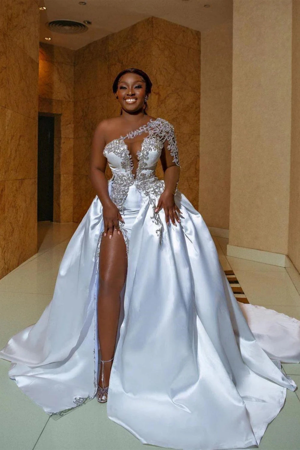 Gorgeous Long Sleeves Ball Gown One Shoulder Satin Lace Wedding Dress with Side Split