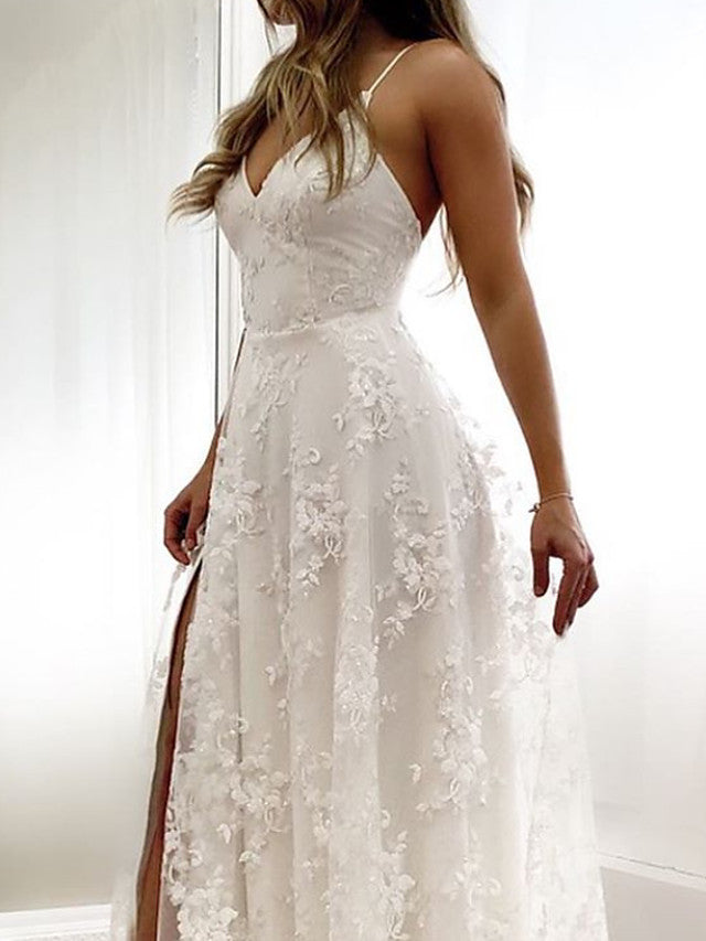 Long A-Line Sweetheart Spaghetti Strap Tulle Lace Wedding Dresses with Slit