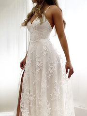 Long A-Line Sweetheart Spaghetti Strap Tulle Lace Wedding Dresses with Slit