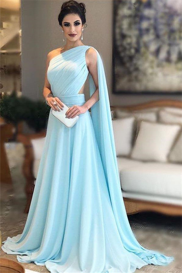 Long One Shoulder A-line Chiffon Formal Evening Dresses