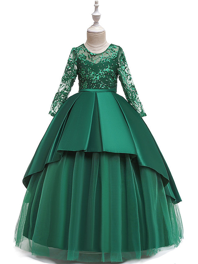 Long Ball Gown Satin Tulle Flower Girl Dresses with Sleeves
