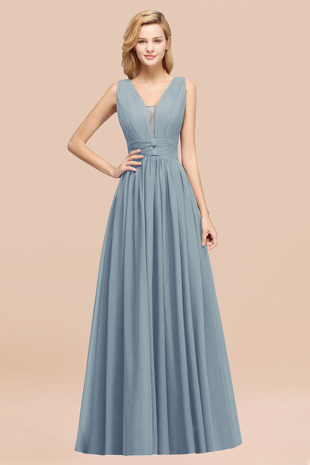 A-Line Chiffon V-Neck Sleeveless Long Bridesmaid Dress