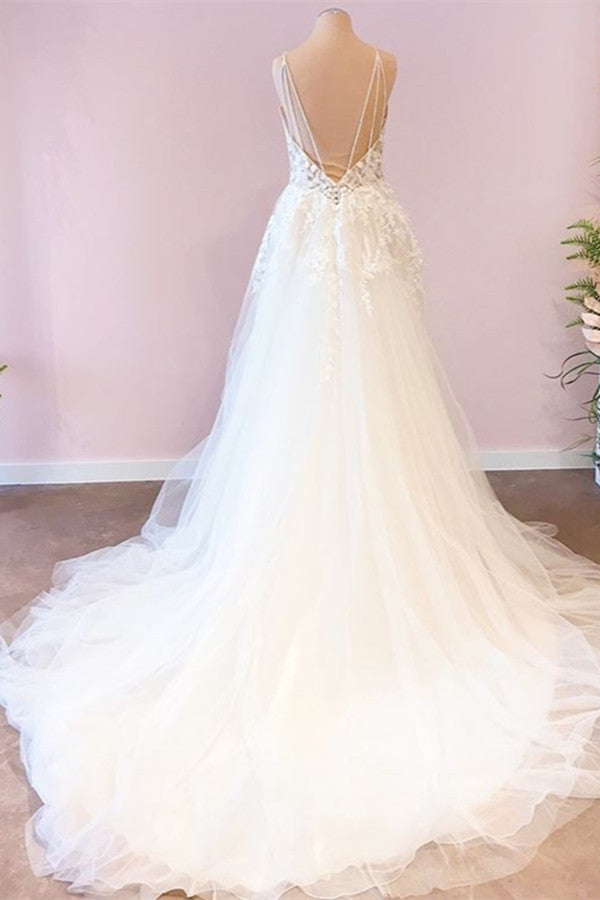 Long Sweetheart Spaghetti Straps A-Line Tulle Floor Length Wedding Dress
