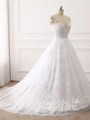 Long Tulle Lace Appliques Sweetheart Ball Gown Wedding Dresses