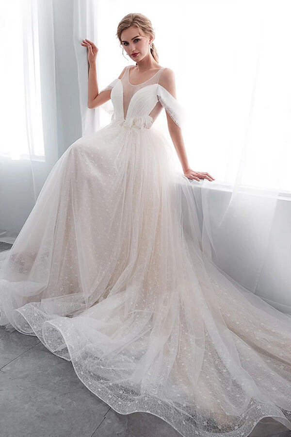 Long V-neck Ruffle Cold shoulder Tulle A-line Wedding Dress