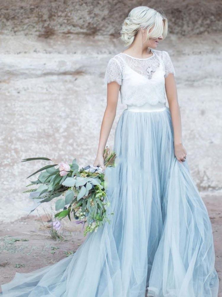 Two Piece A-line Long Sweep Train Tulle Wedding Dresses with Short Sleeves