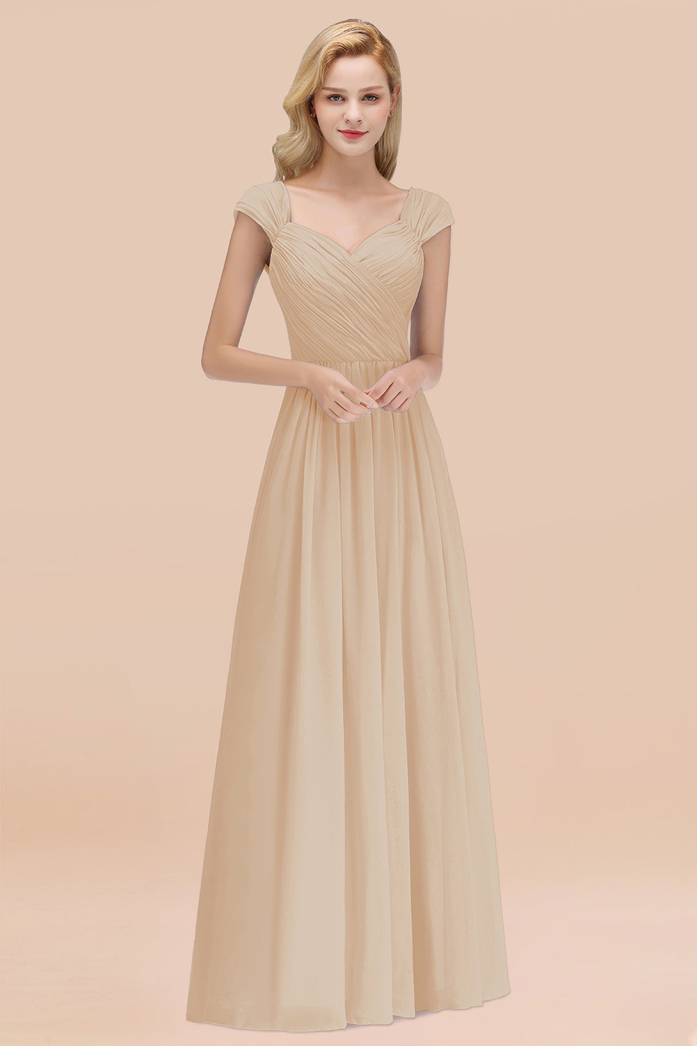 A-Line Chiffon Straps Sweetheart Sleeveless Floor Length Bridesmaid Dress with Ruffles