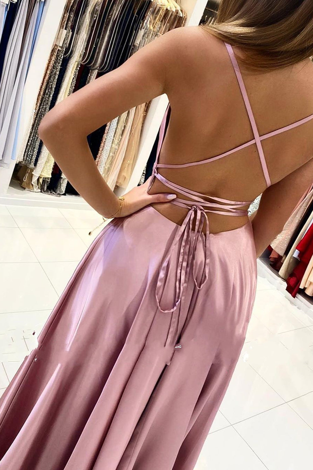 Simple Long A-line Satin Spaghetti Straps Backless Prom Dress with Slit