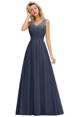 Long A Line Chiffon Sleeveless Lace Bridesmaid Dress with Ruffle