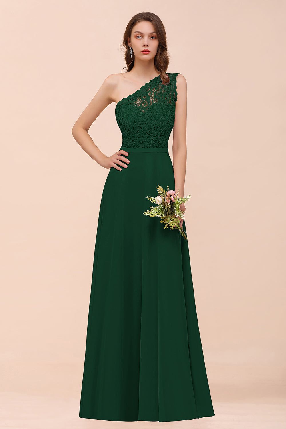 Classy One Shoulder Appliques Lace Floor Length A-Line Chiffon Bridesmaid Dress