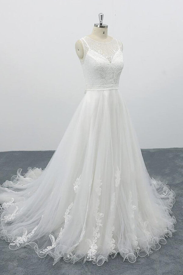 Long Sweetheart Appliques Lace Tulle A-line Wedding Dress