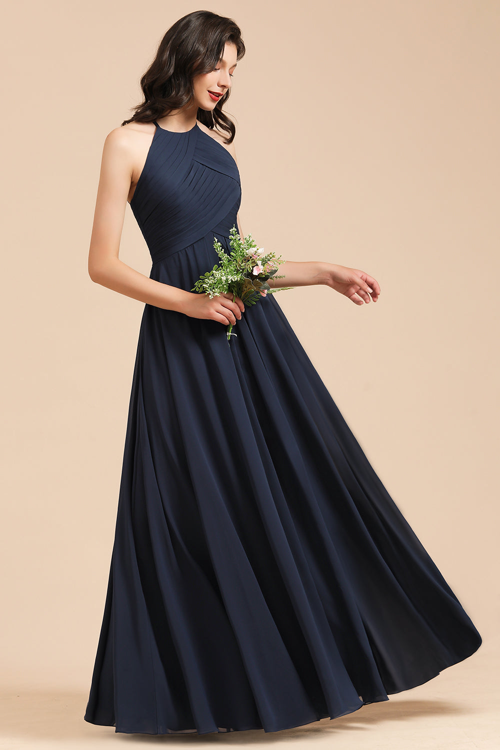 Long A-line Halter Chiffon Bridesmaid Dress Dark Navy Evening Maxi Dress