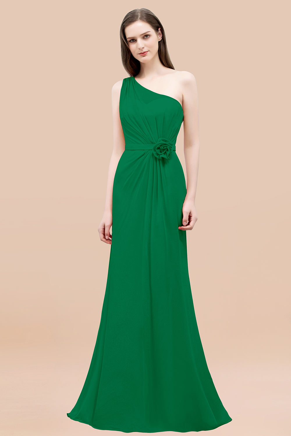Mermaid Chiffon One Shoulder Sleeveless Ruffled Floor Length Bridesmaid Dresses with Flower