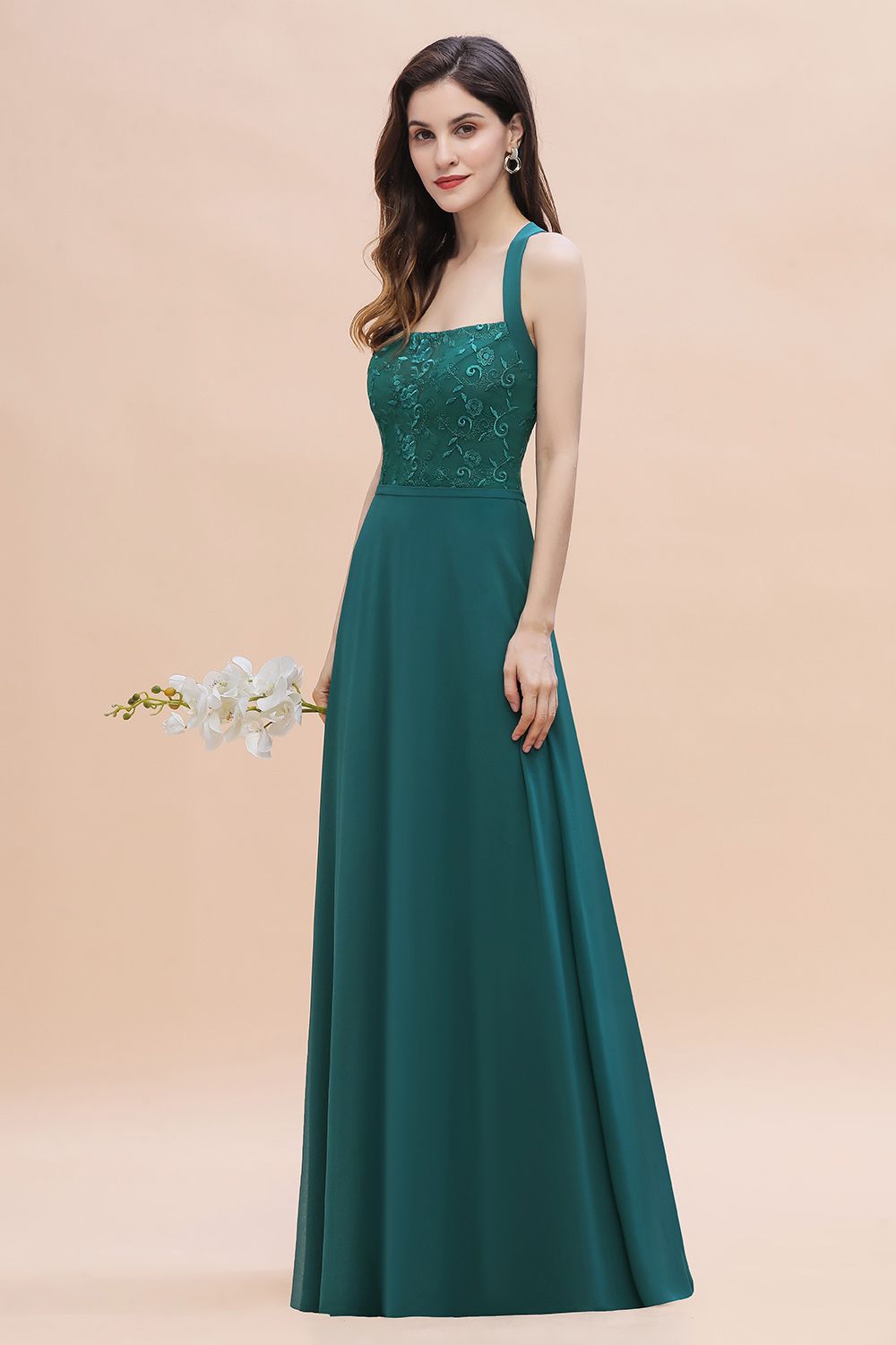 Long Wide Straps A-Line Halter Chiffon Wedding Guest Dresses