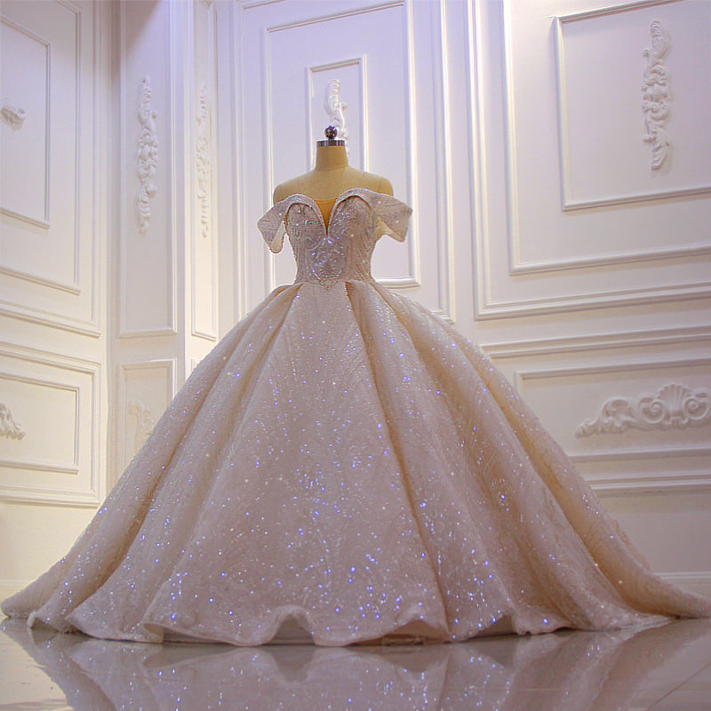 Classy Long Off the Shoulder Sequin Beading Satin Ruffles Ball Gown Wedding Dress